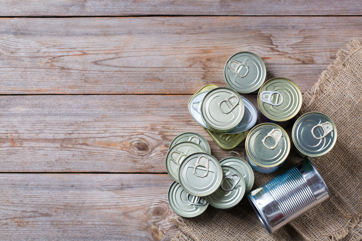 Canned preserved food, non-perishable goods, donations concept